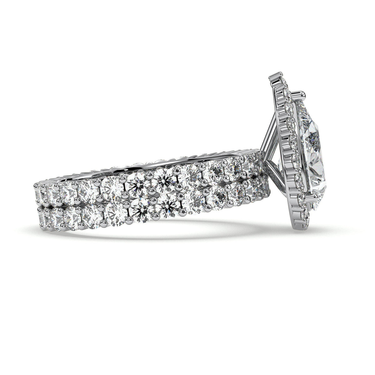 Pear halo engagement ring with double-row pavé band, moissanite stones in 18K White Gold Vermeil