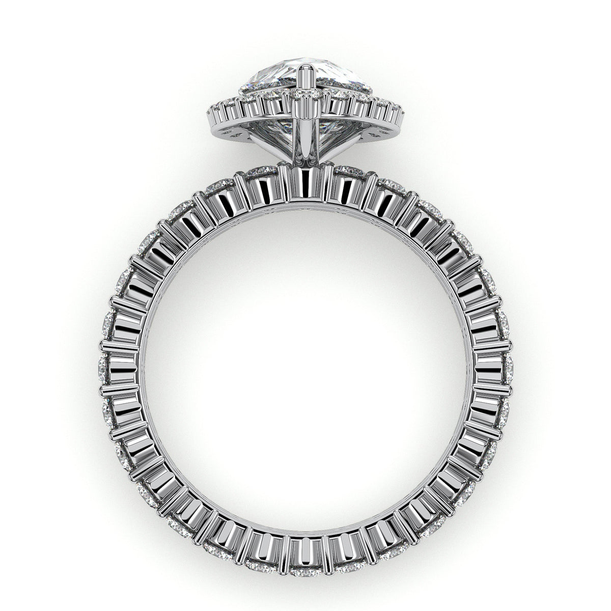 Pear halo engagement ring with double-row pavé band, moissanite stones in 18K White Gold Vermeil