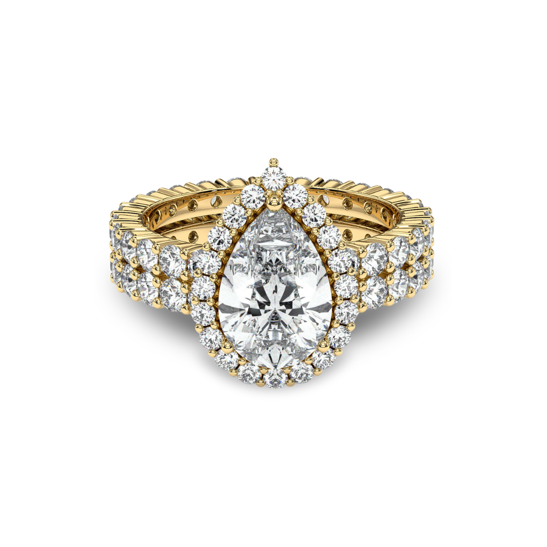 Pear halo engagement ring with double-row pavé band, moissanite stones in 18K Yellow Gold Vermeil