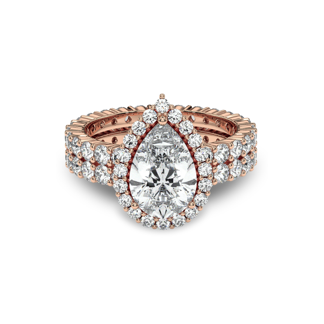 Pear halo engagement ring with double-row pavé band, moissanite stones in 18K Rose Gold Vermeil