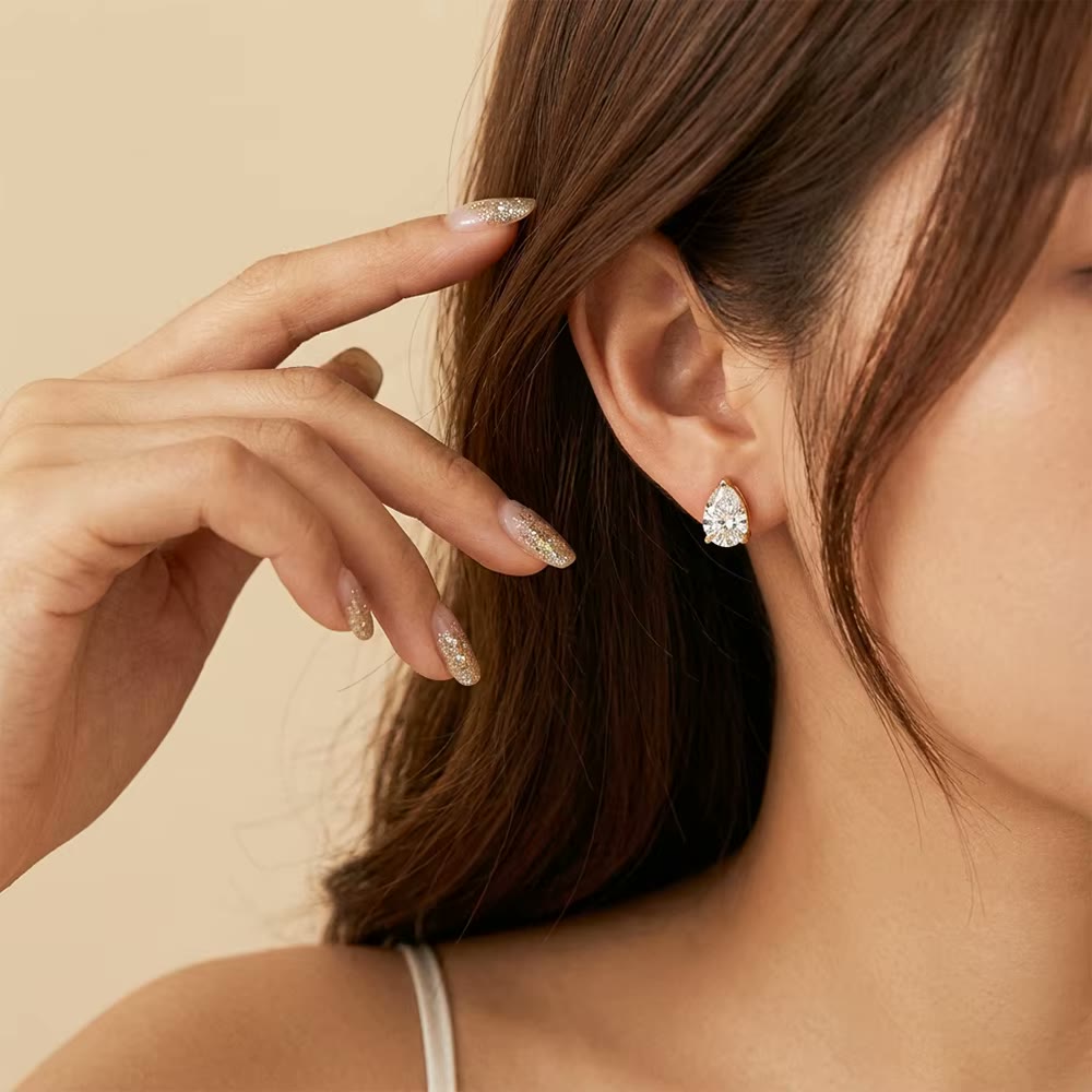 Pear Moissanite Stud Earrings – Capucine, styled