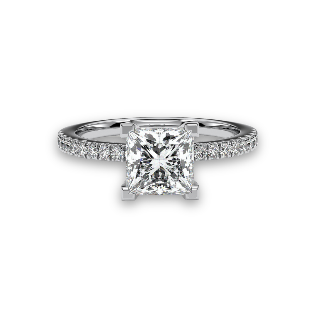 Princess-cut pavé engagement ring, moissanite stones in 18K White Gold Vermeil