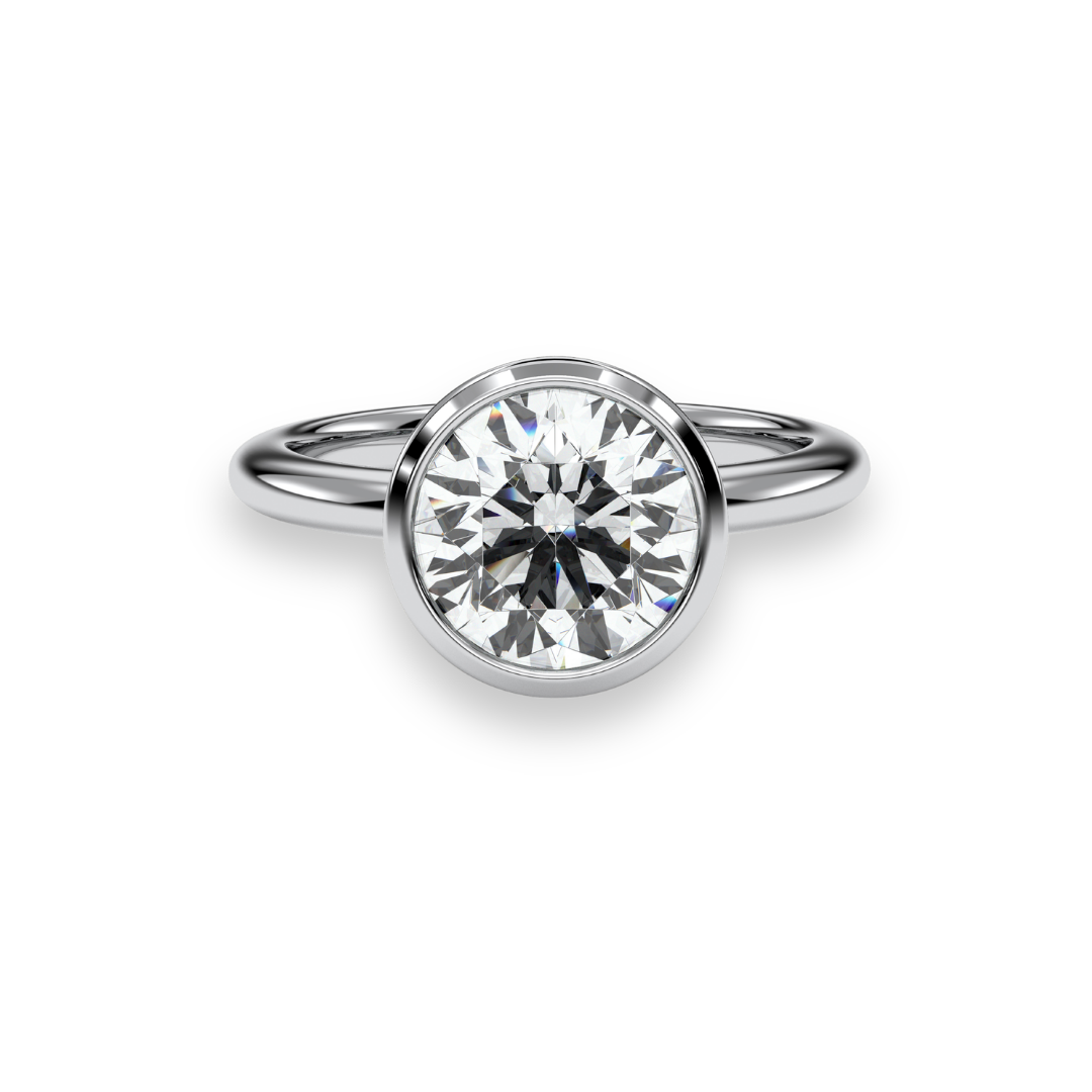 Round bezel-set solitaire engagement ring, moissanite stone in 18K White Gold Vermeil