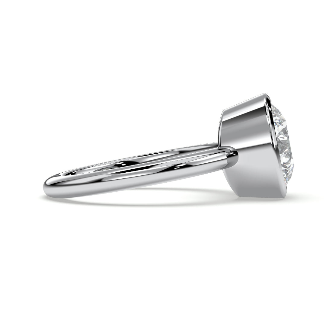 Round bezel-set solitaire engagement ring, moissanite stone in 18K White Gold Vermeil