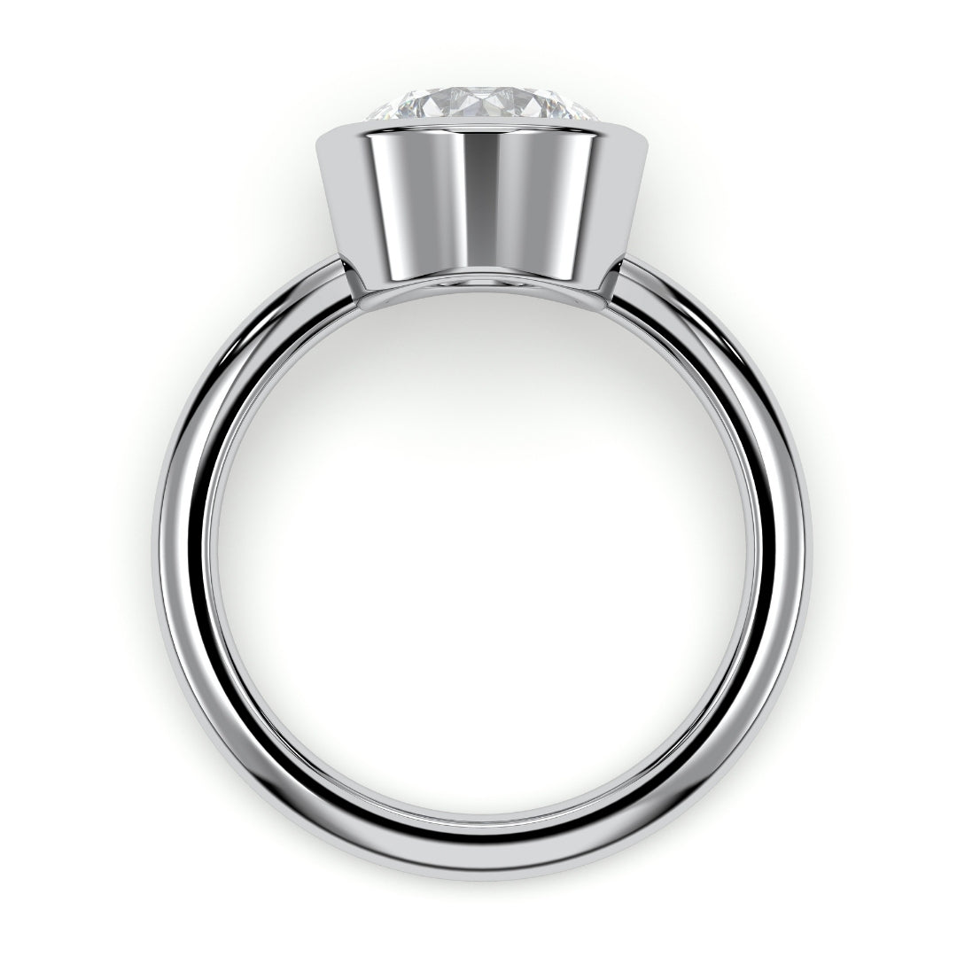 Round bezel-set solitaire engagement ring, moissanite stone in 18K White Gold Vermeil