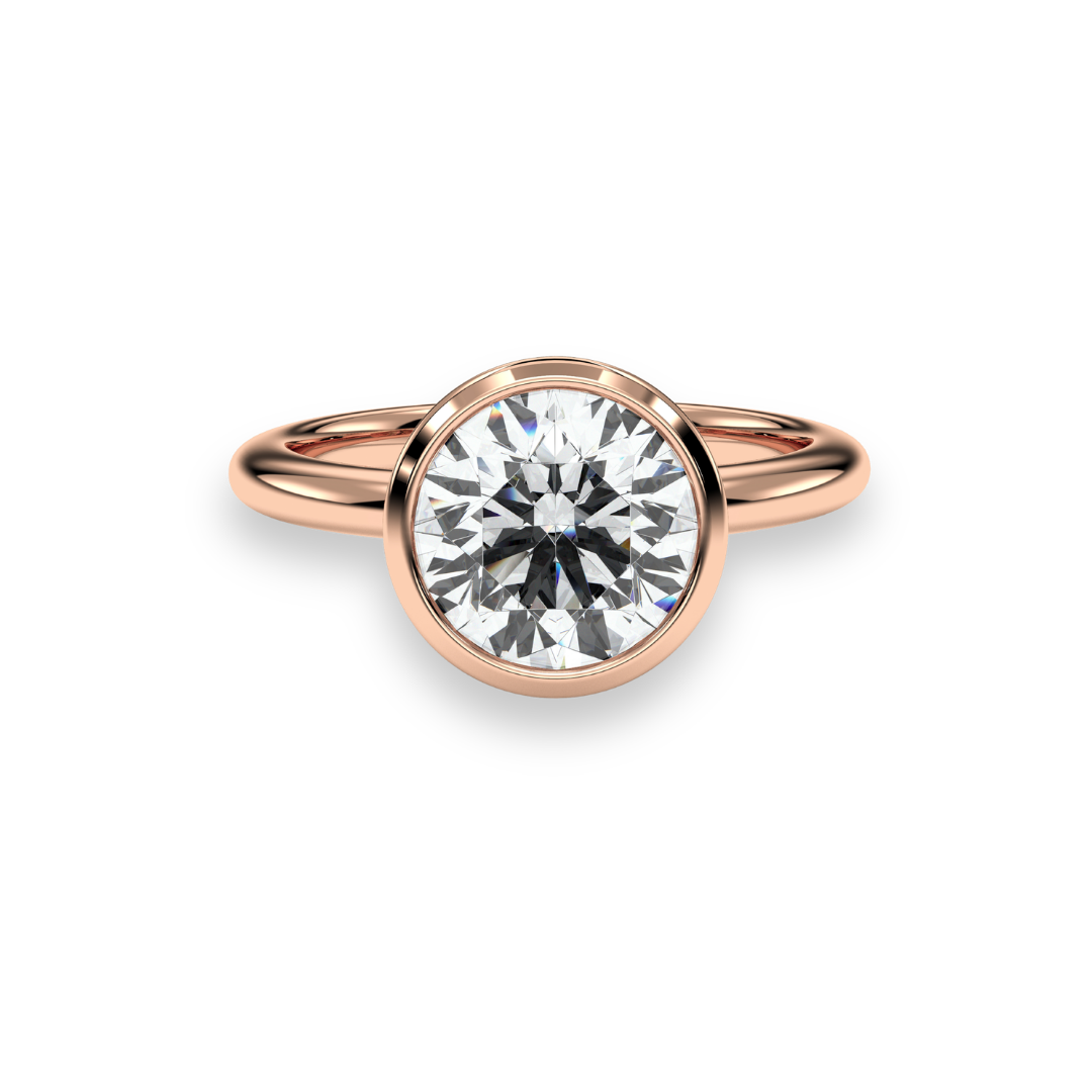 Round bezel-set solitaire engagement ring, moissanite stone in 18K Rose Gold Vermeil