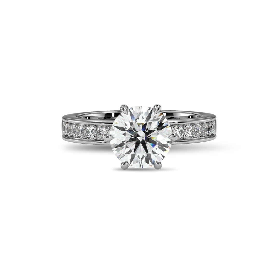 Round channel-set engagement ring, moissanite stones in 18K White Gold Vermeil