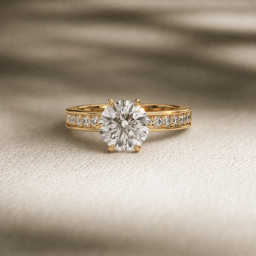 Round channel-set engagement ring, moissanite stones in 18K Yellow Gold Vermeil
