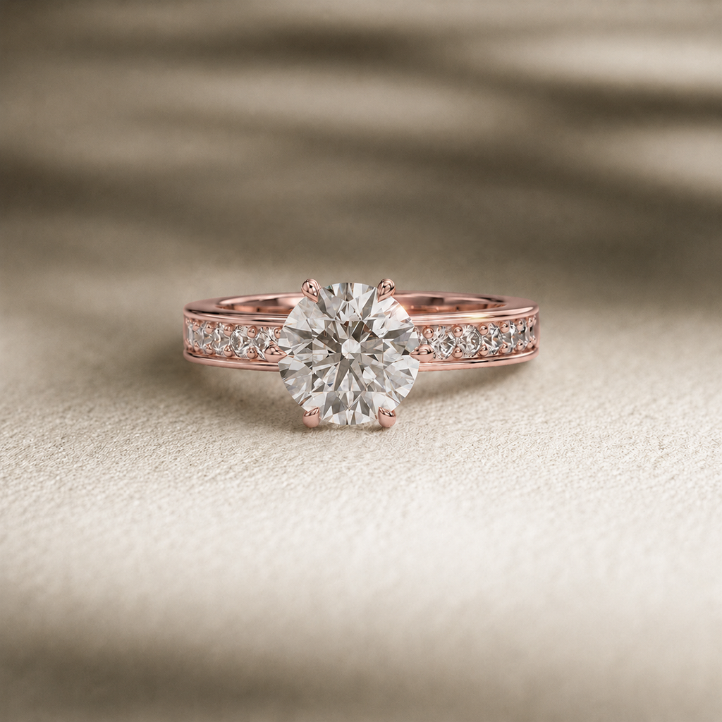 Round channel-set engagement ring, moissanite stones in 18K Rose Gold Vermeil