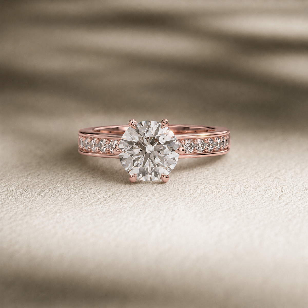 Round channel-set engagement ring, moissanite stones in 18K Rose Gold Vermeil