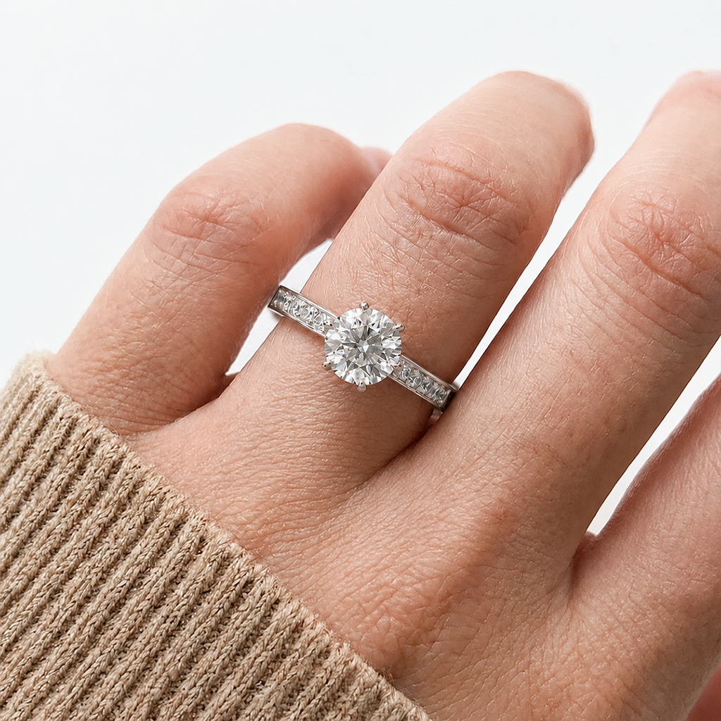 Round channel-set engagement ring, moissanite stones in 18K White Gold Vermeil