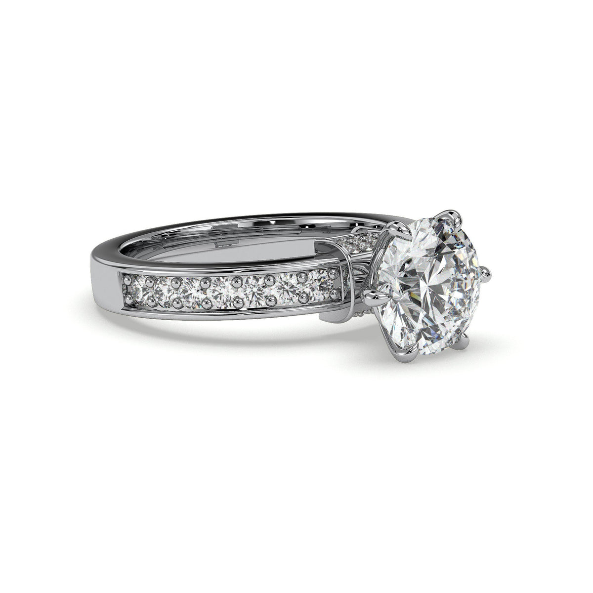 Round channel-set engagement ring, moissanite stones in 18K White Gold Vermeil