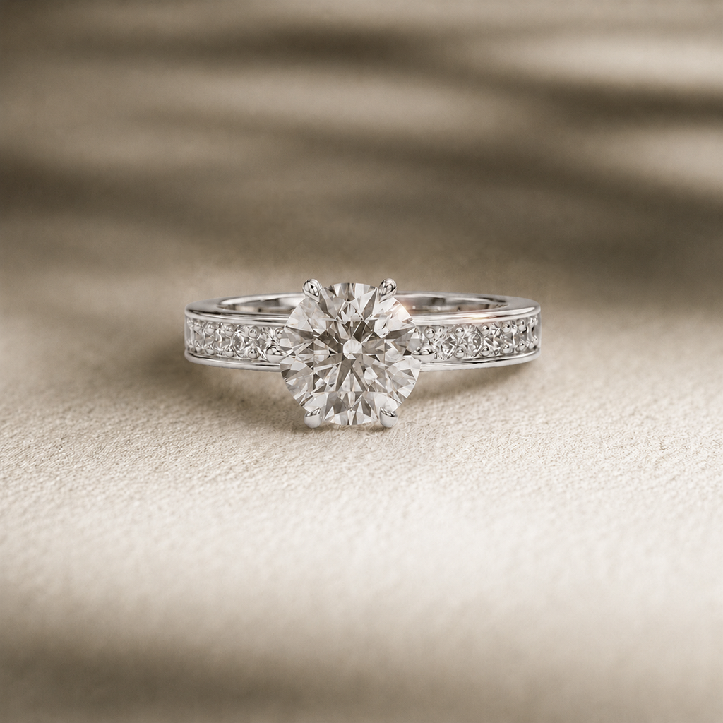 Round channel-set engagement ring, moissanite stones in 18K White Gold Vermeil
