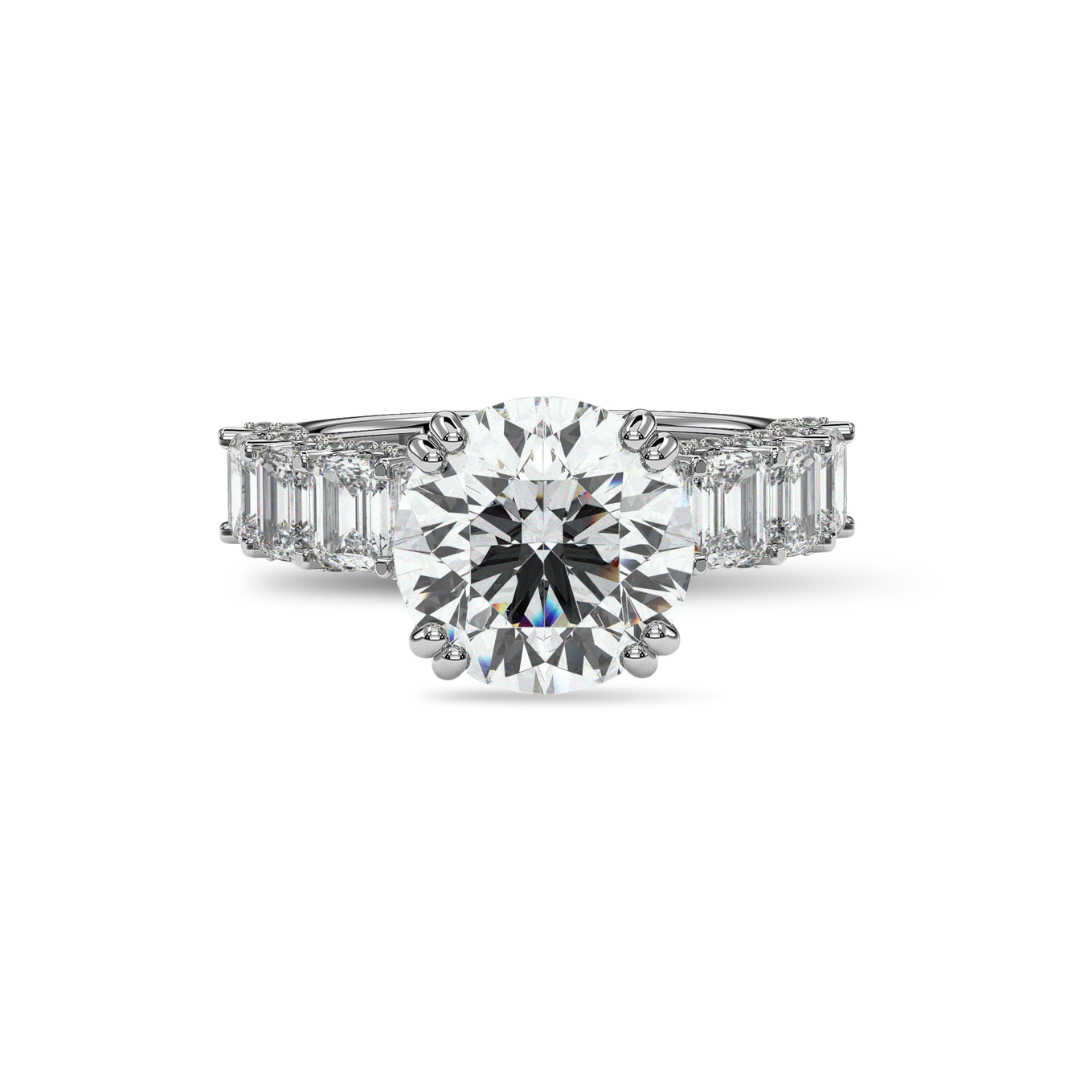 Round engagement ring with baguette side stones, moissanite stones in 18K White Gold Vermeil