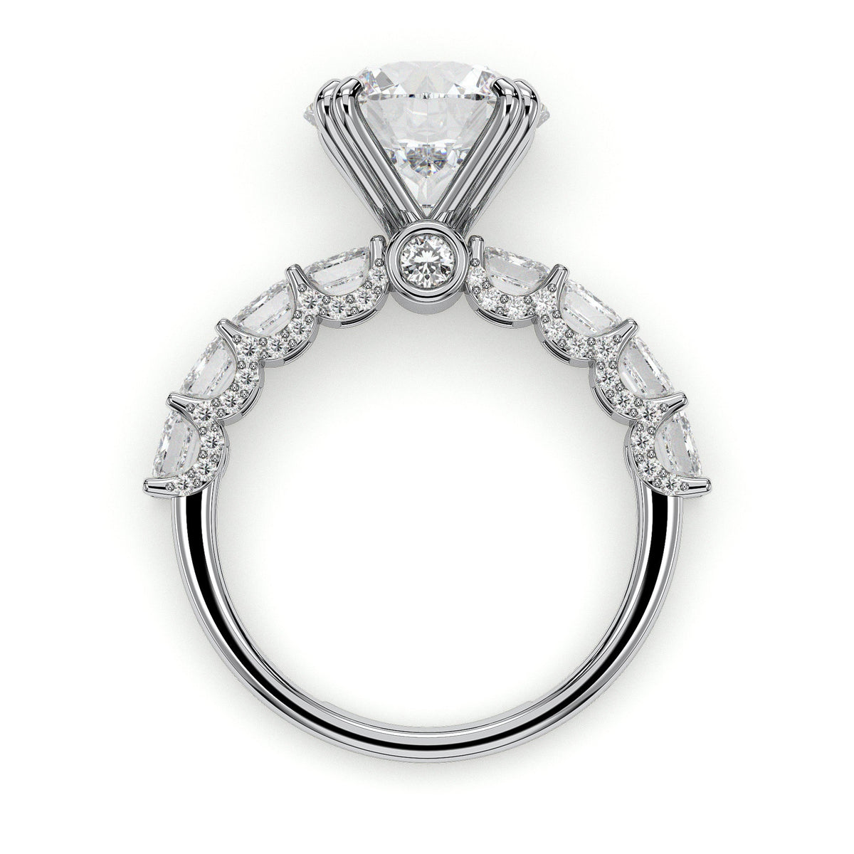 Round engagement ring with baguette side stones, moissanite stones in 18K White Gold Vermeil