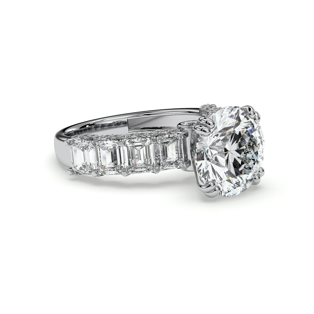 Round engagement ring with baguette side stones, moissanite stones in 18K White Gold Vermeil