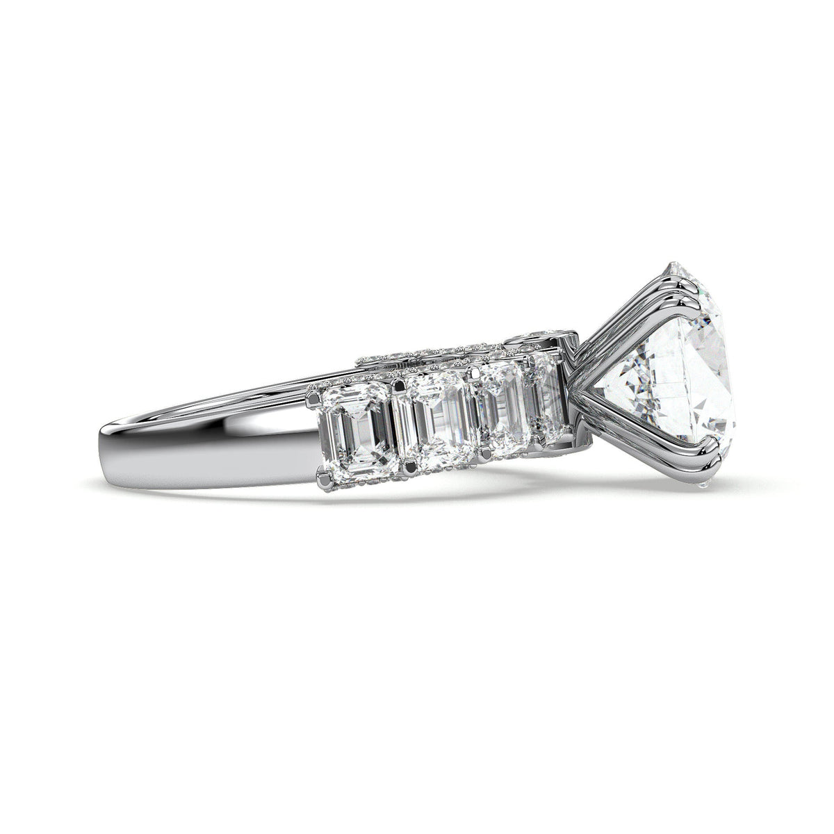 Round engagement ring with baguette side stones, moissanite stones in 18K White Gold Vermeil