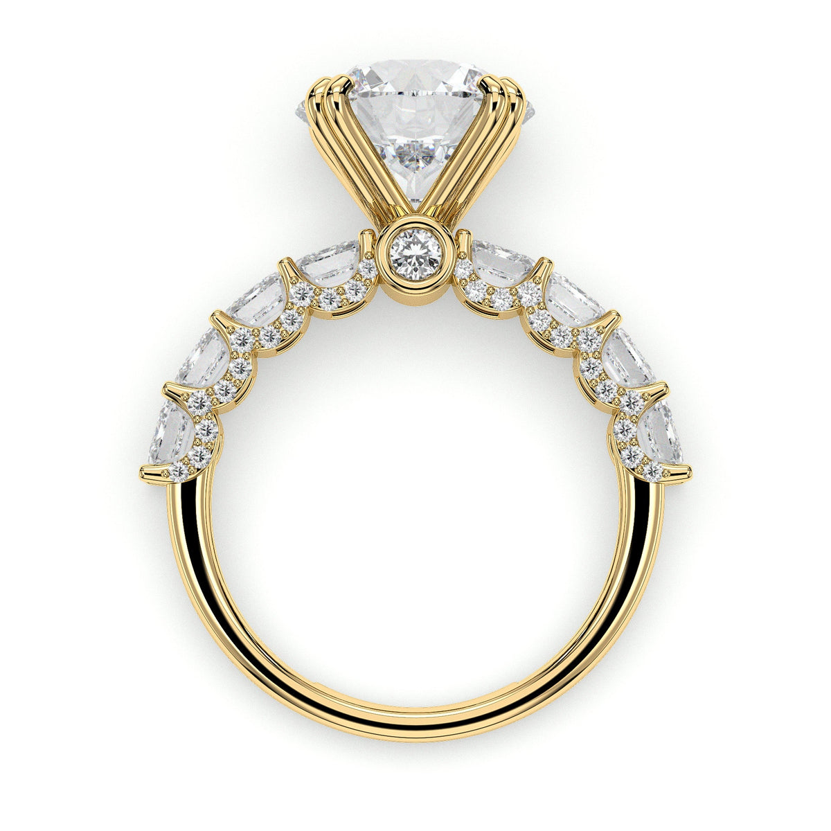 Round engagement ring with baguette side stones, moissanite stones in 18K Yellow Gold Vermeil