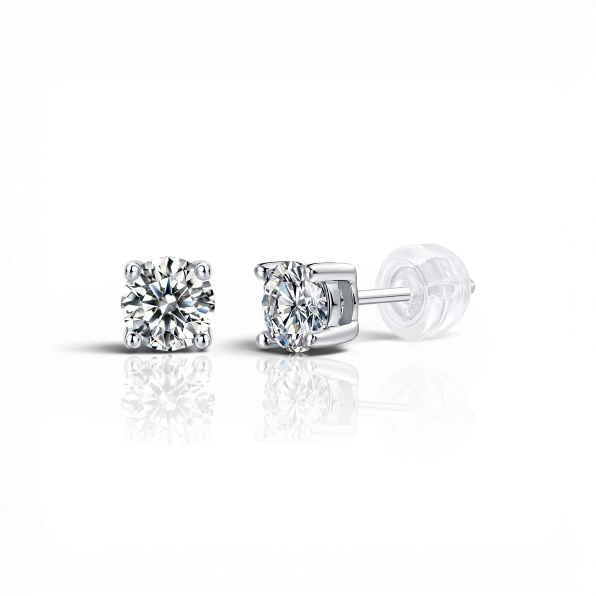 Round four-prong stud earrings, moissanite stones in 18K White Gold Vermeil
