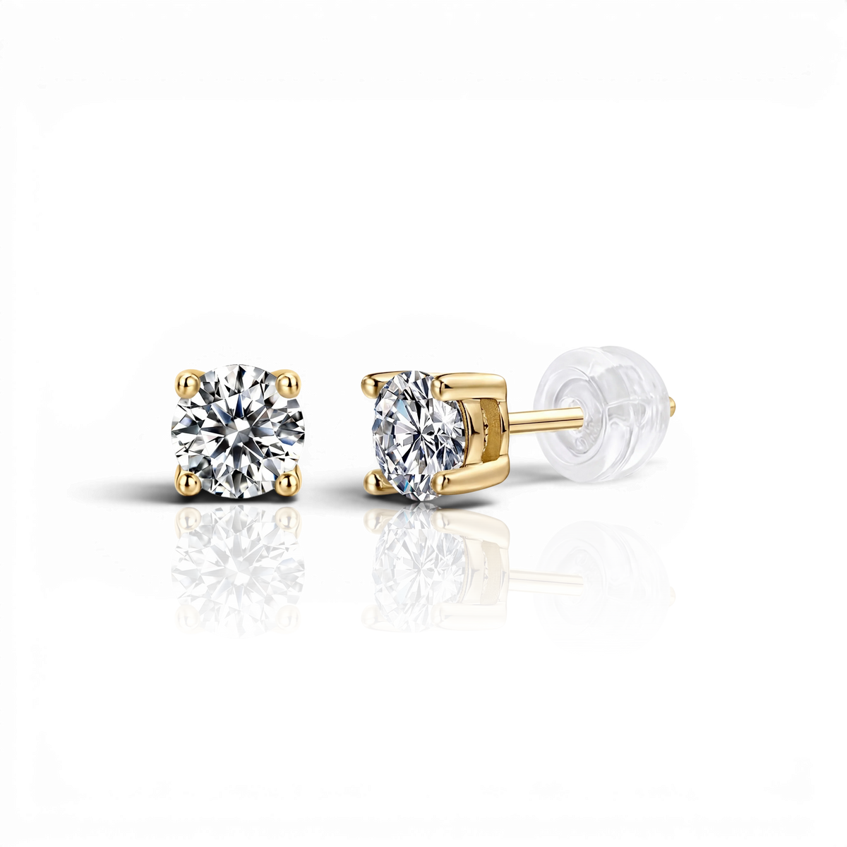 Round four-prong stud earrings, moissanite stones in 18K Yellow Gold Vermeil