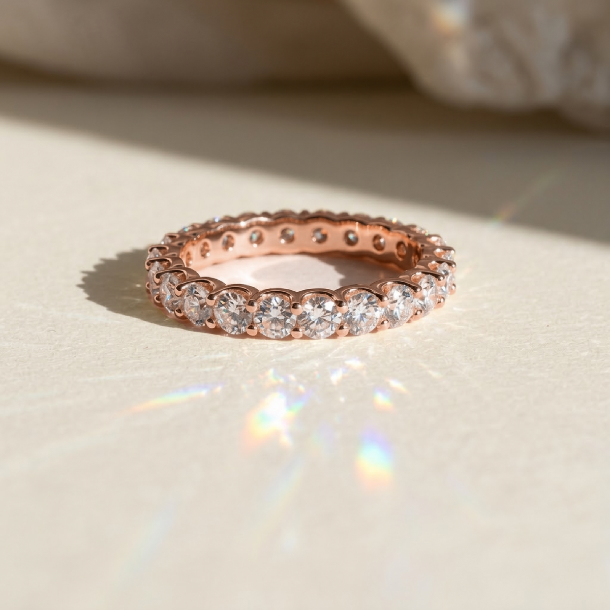 Round full eternity band, moissanite stones in 18K Rose Gold Vermeil