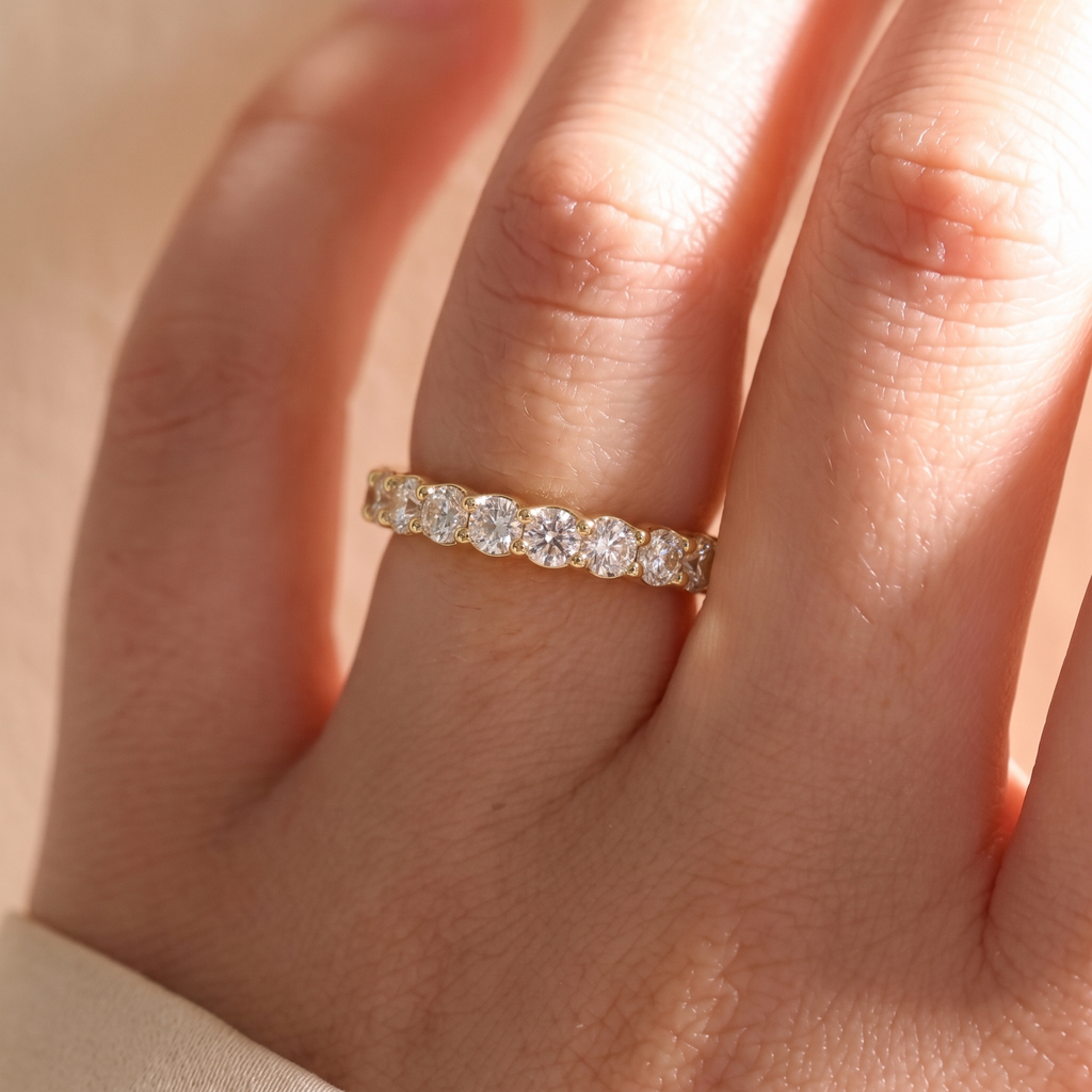 Round full eternity band, moissanite stones in 18K Yellow Gold Vermeil