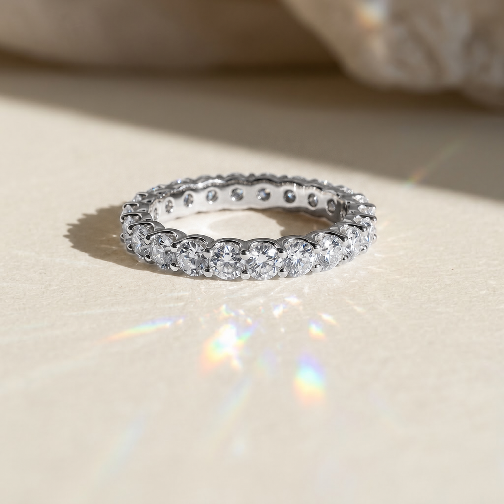 Round full eternity band, moissanite stones in 18K White Gold Vermeil