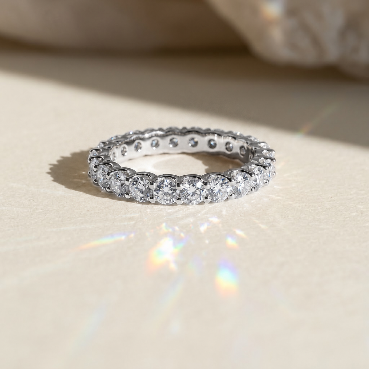 Round full eternity band, moissanite stones in 18K White Gold Vermeil