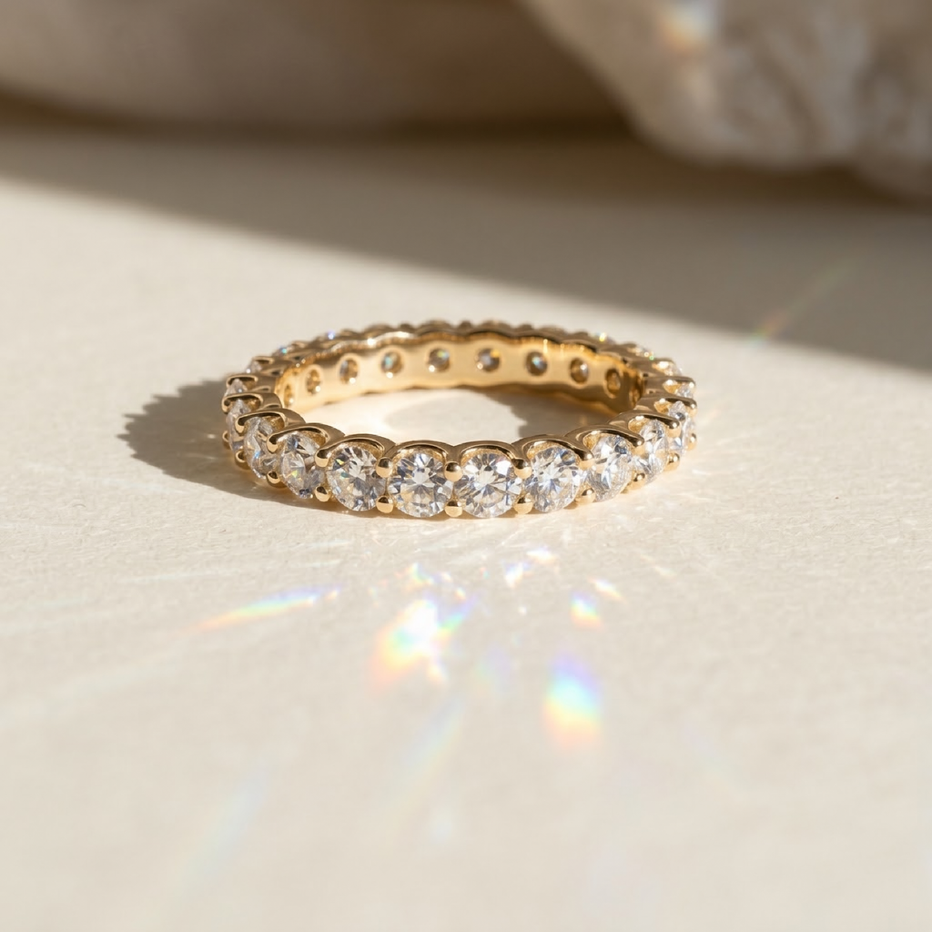 Round full eternity band, moissanite stones in 18K Yellow Gold Vermeil