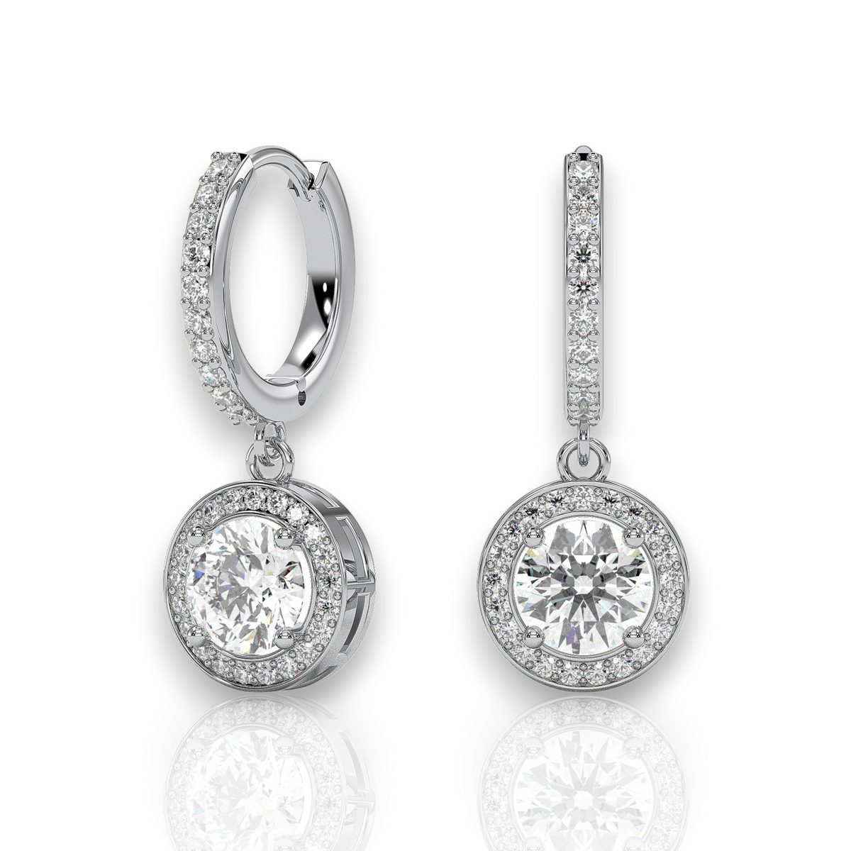 Round halo drop earrings on pavé huggie hoops, moissanite stones in 18K White Gold Vermeil