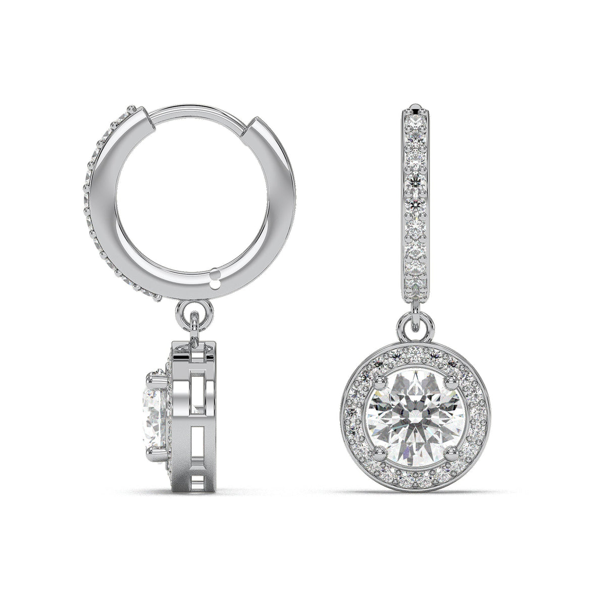 Round halo drop earrings on pavé huggie hoops, moissanite stones in 18K White Gold Vermeil