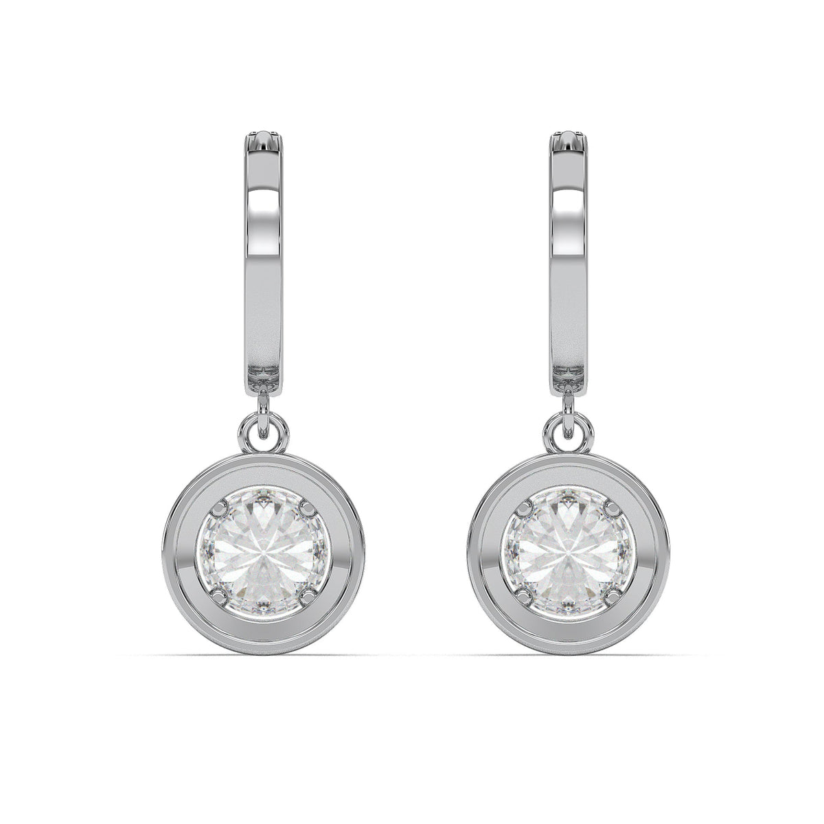 Round halo drop earrings on pavé huggie hoops, moissanite stones in 18K White Gold Vermeil