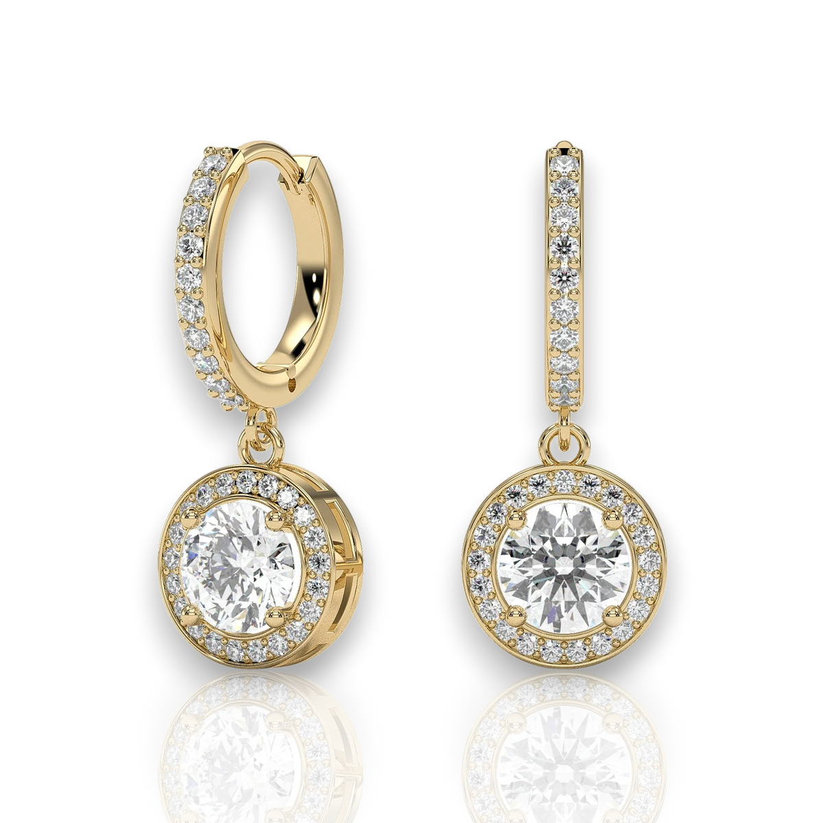 Round halo drop earrings on pavé huggie hoops, moissanite stones in 18K Yellow Gold Vermeil
