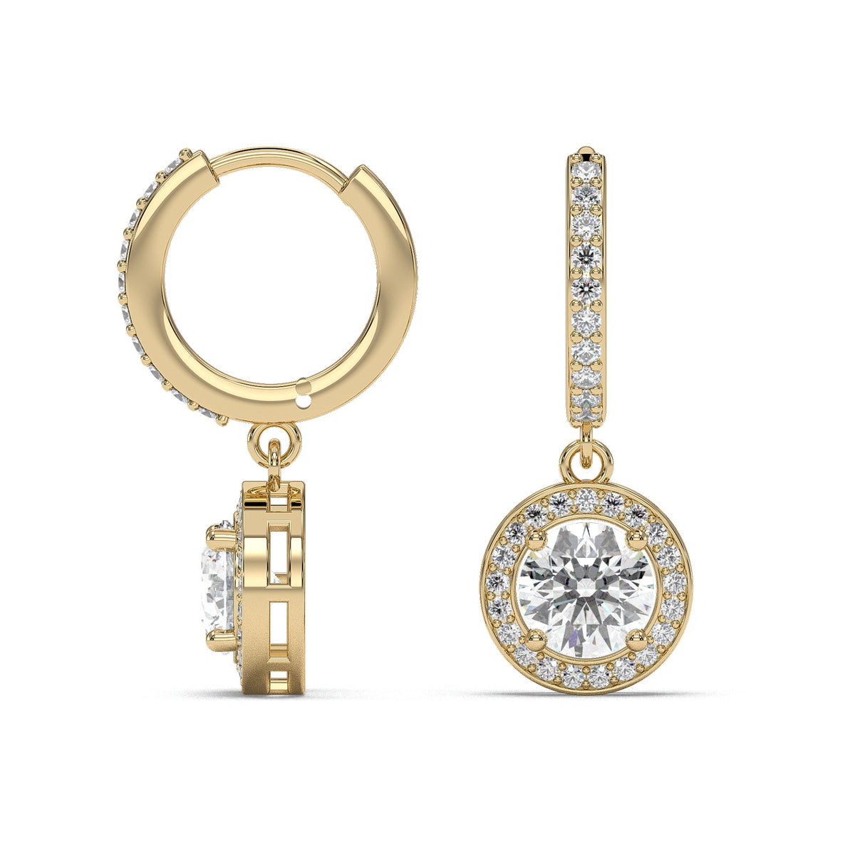 Round halo drop earrings on pavé huggie hoops, moissanite stones in 18K Yellow Gold Vermeil