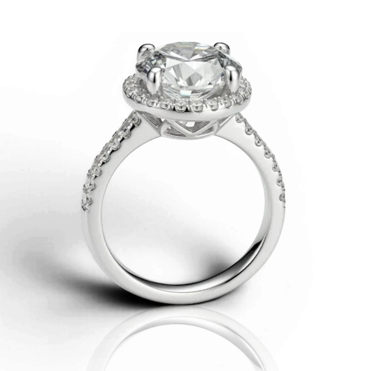 Round halo engagement ring with pavé band, moissanite stones in 18K White Gold Vermeil