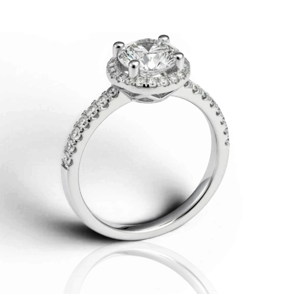 Round halo engagement ring with pavé band, moissanite stones in 18K White Gold Vermeil