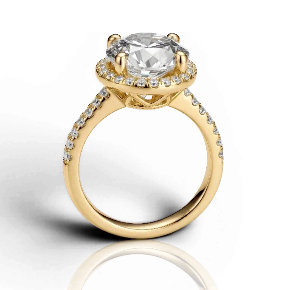 Round halo engagement ring with pavé band, moissanite stones in 18K Yellow Gold Vermeil