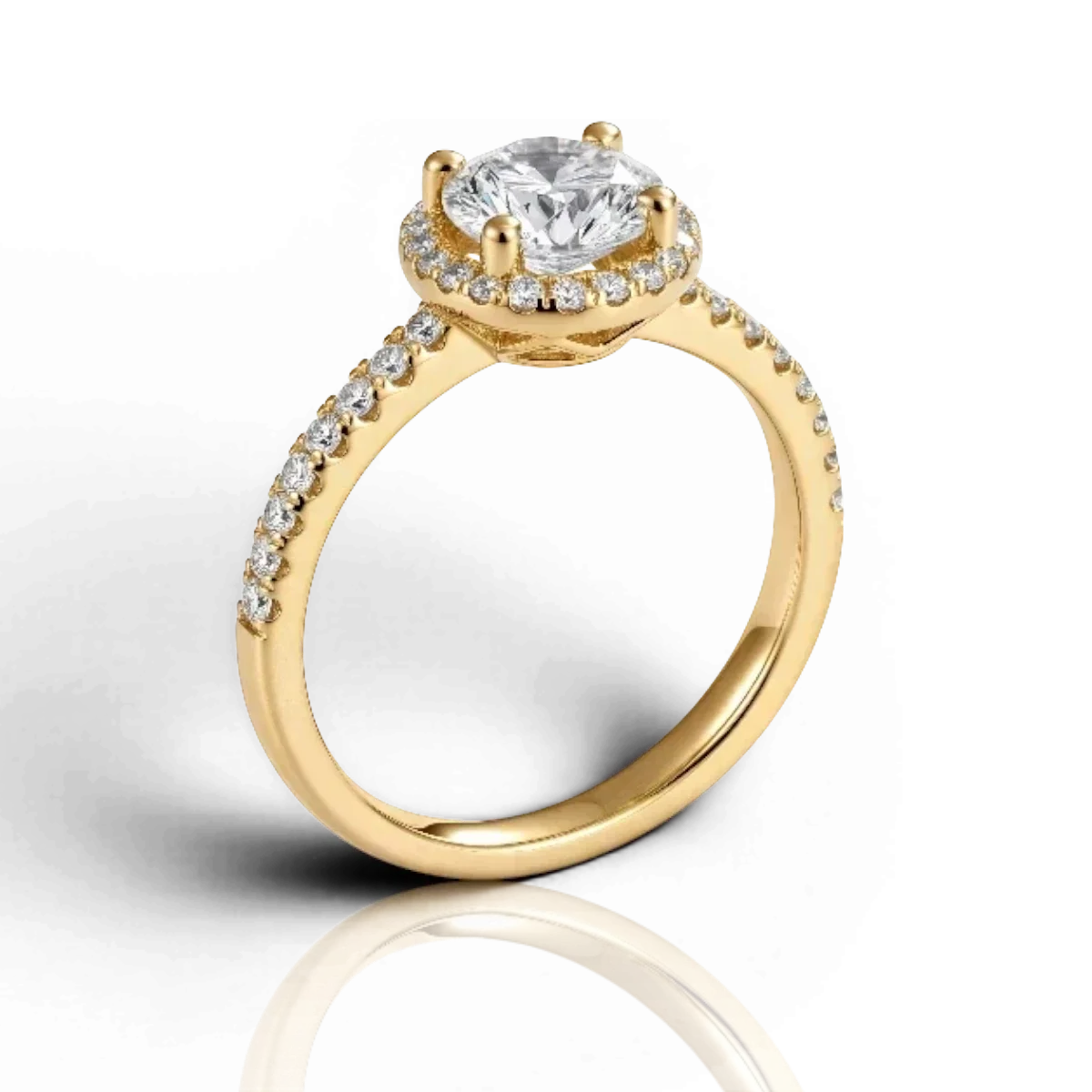 Round halo engagement ring with pavé band, moissanite stones in 18K Yellow Gold Vermeil