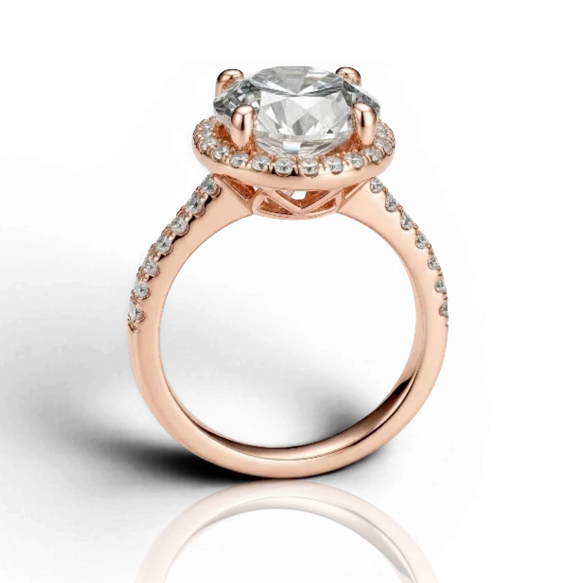 Round halo engagement ring with pavé band, moissanite stones in 18K Rose Gold Vermeil