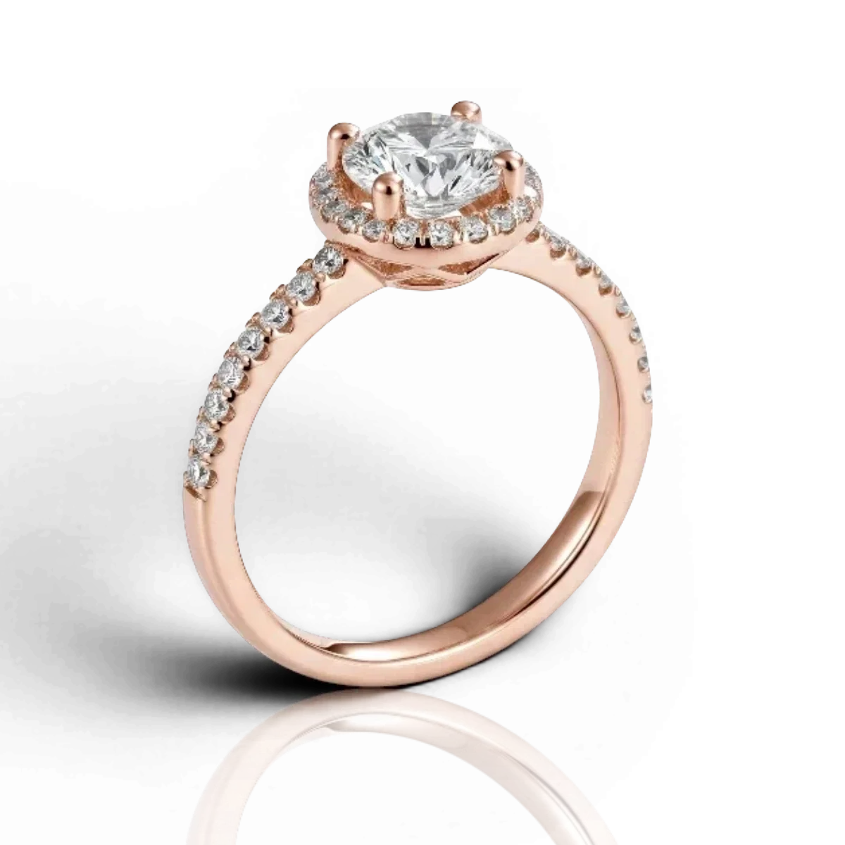 Round halo engagement ring with pavé band, moissanite stones in 18K Rose Gold Vermeil