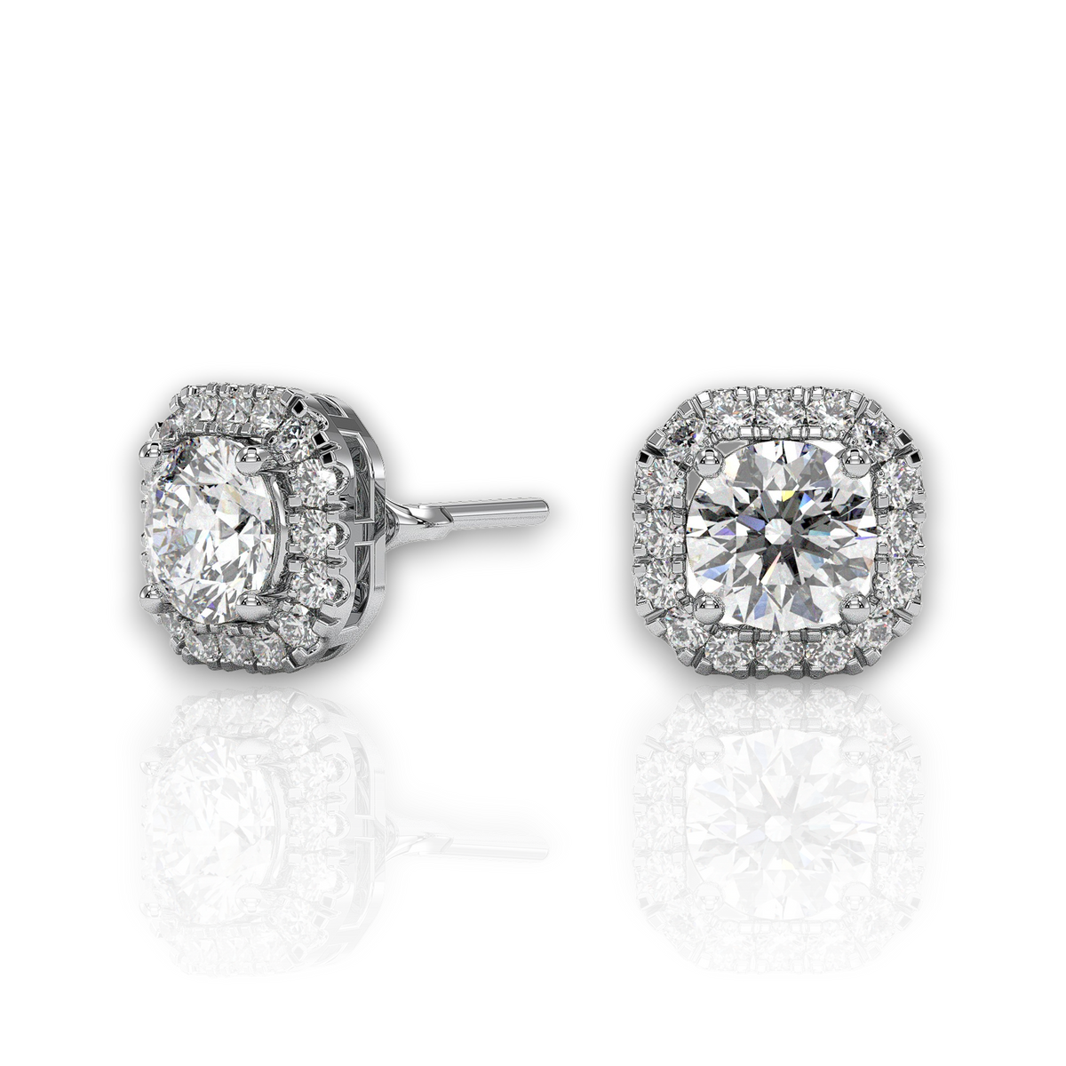 Round halo stud earrings with cushion-shaped halo, moissanite stones in 18K White Gold Vermeil