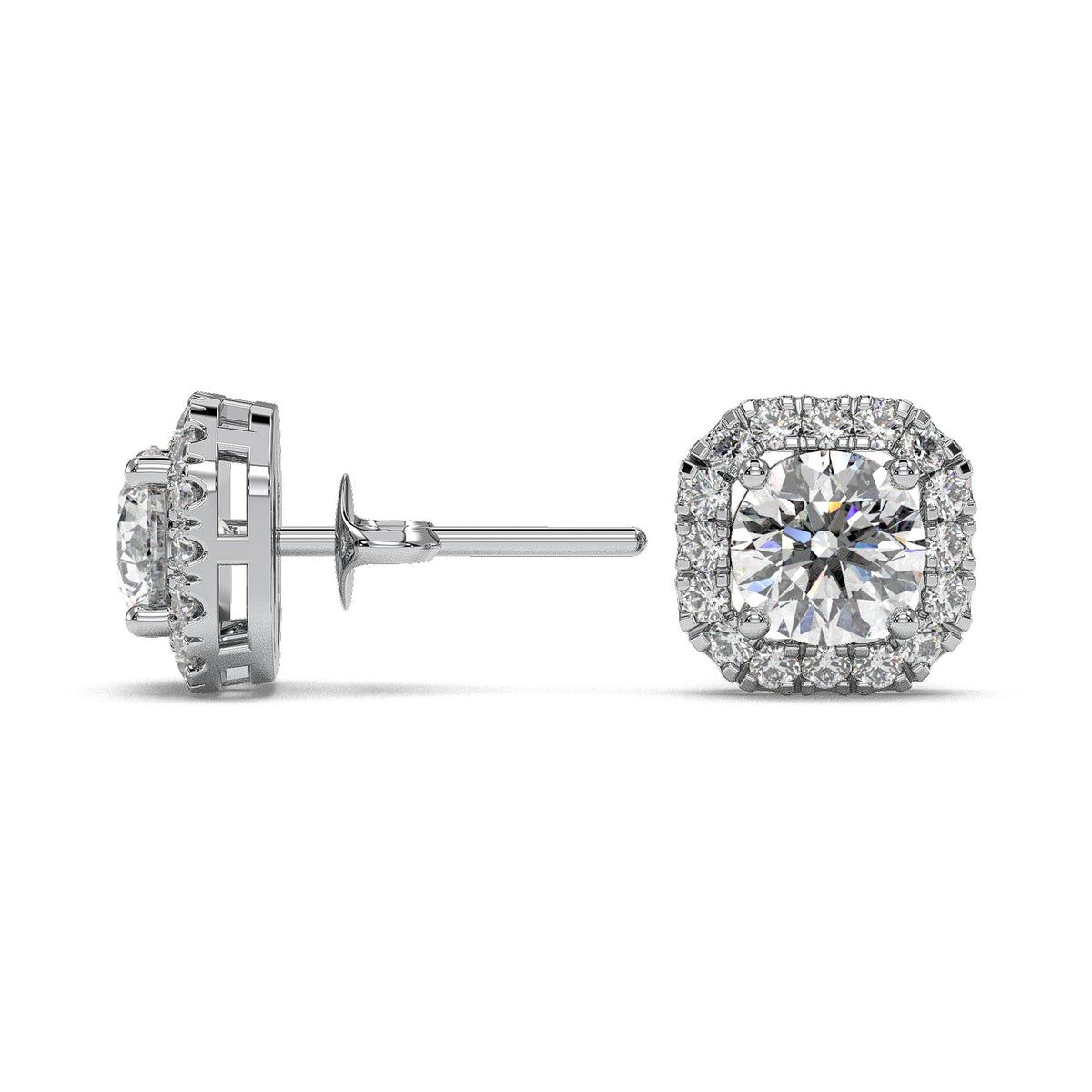 Round halo stud earrings with cushion-shaped halo, moissanite stones in 18K White Gold Vermeil