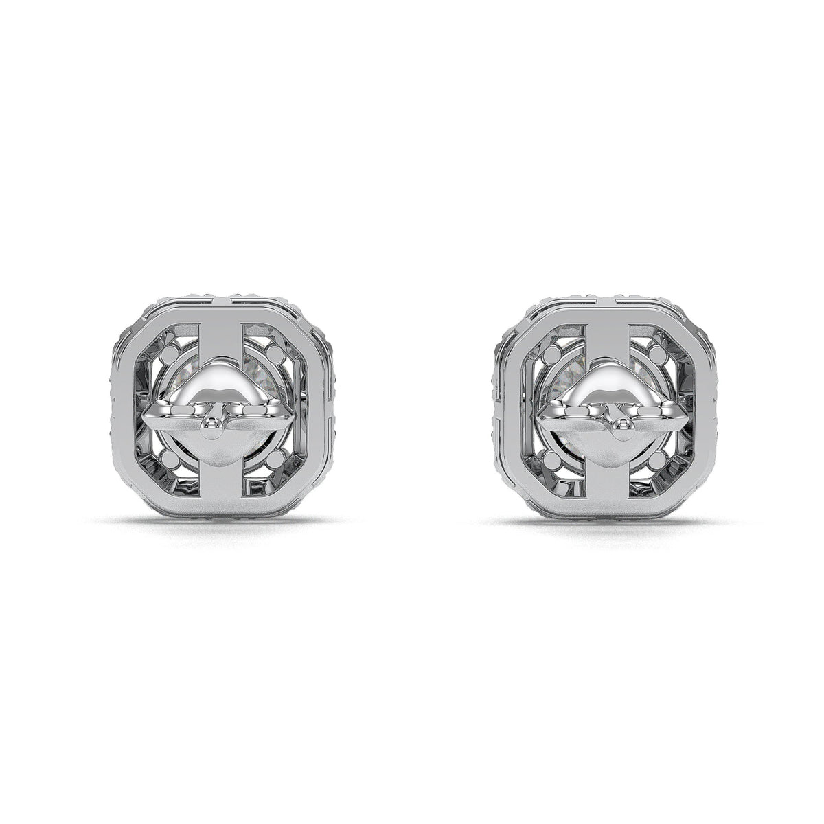 Round halo stud earrings with cushion-shaped halo, moissanite stones in 18K White Gold Vermeil