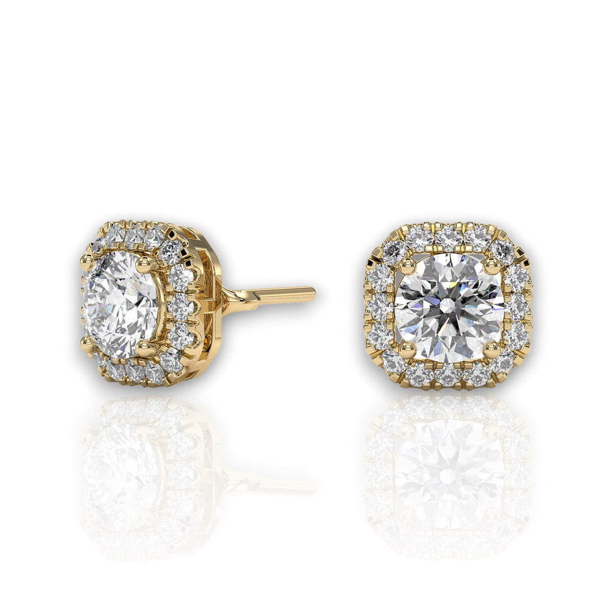 Round halo stud earrings with cushion-shaped halo, moissanite stones in 18K Yellow Gold Vermeil