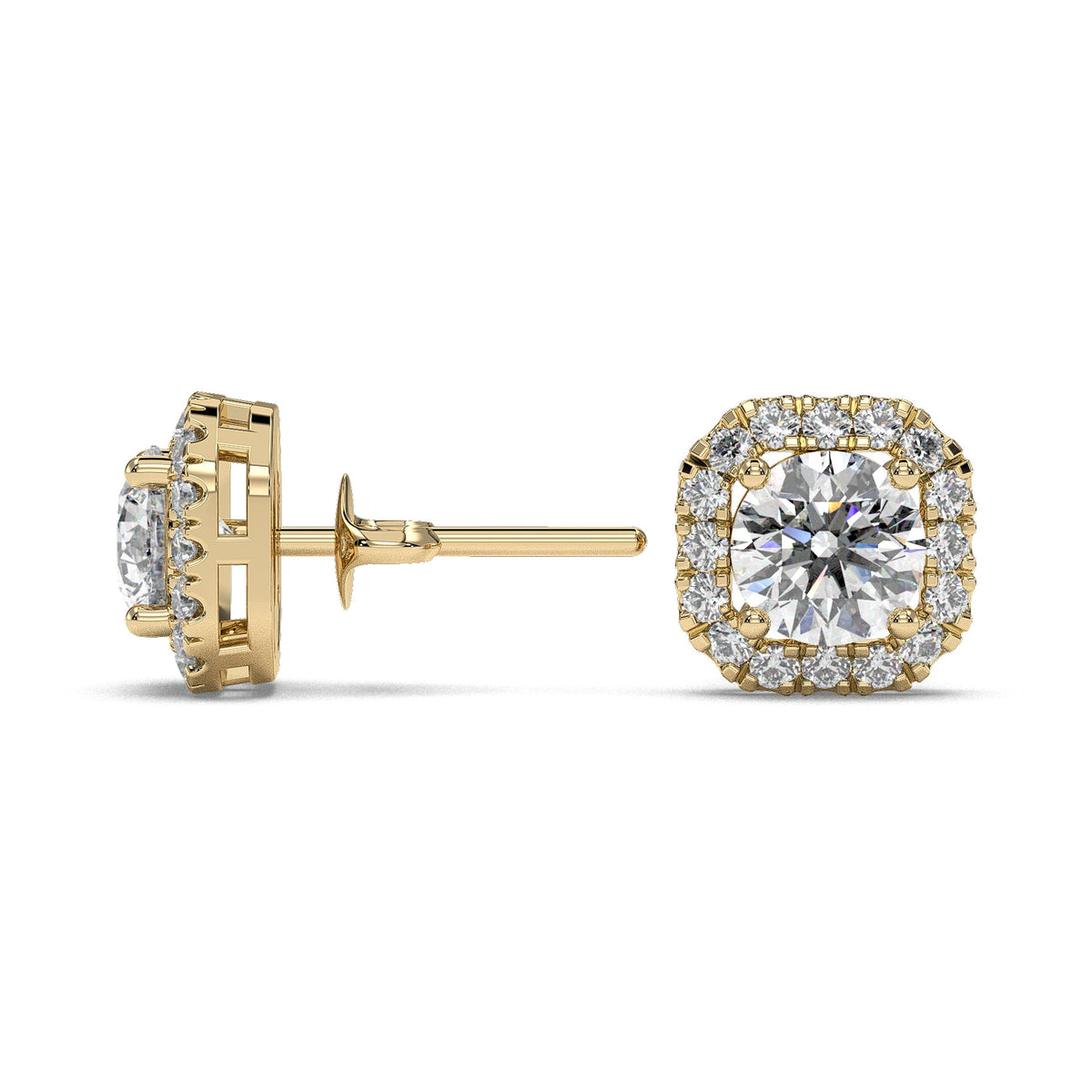 Round halo stud earrings with cushion-shaped halo, moissanite stones in 18K Yellow Gold Vermeil