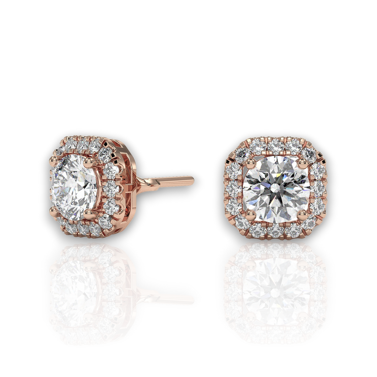 Round halo stud earrings with cushion-shaped halo, moissanite stones in 18K Rose Gold Vermeil