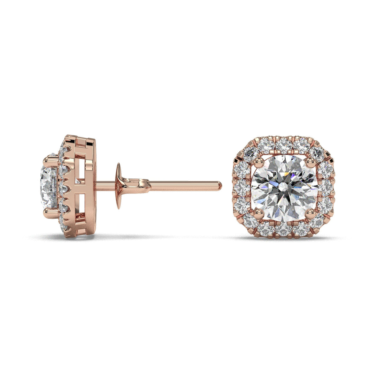 Round halo stud earrings with cushion-shaped halo, moissanite stones in 18K Rose Gold Vermeil