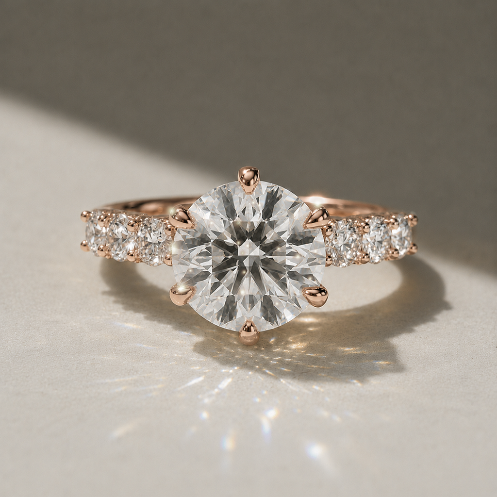 Round solitaire engagement ring with side stones, moissanite stones in 18K Rose Gold Vermeil