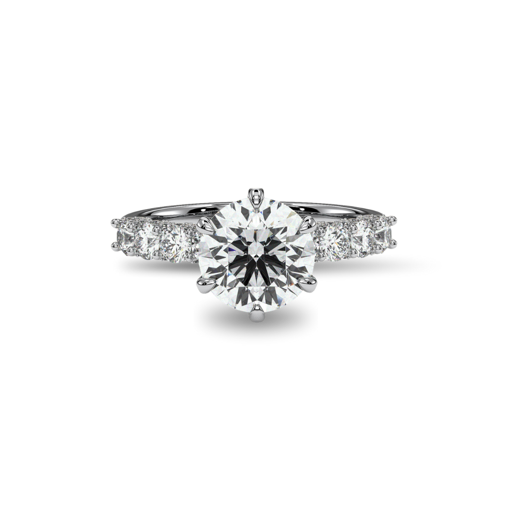 Round solitaire engagement ring with side stones, moissanite stones in 18K White Gold Vermeil