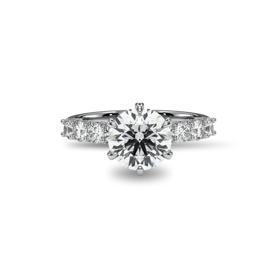 Round solitaire engagement ring with side stones, moissanite stones in 18K White Gold Vermeil